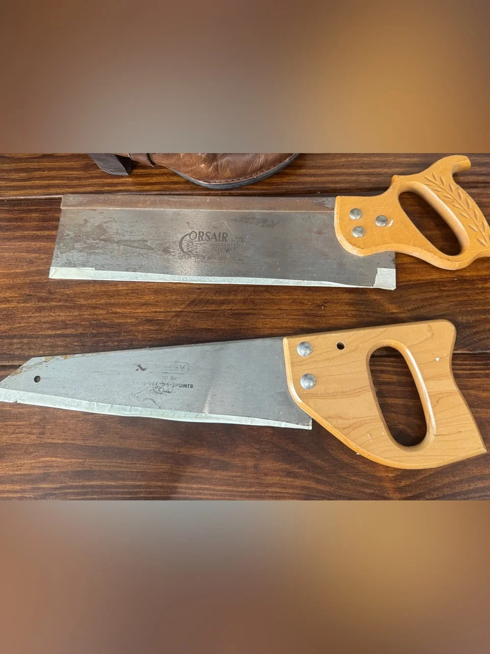 2 Vintage Hand Saws Corsair & Stanley Wood Handles Steel Blades or Home Decor